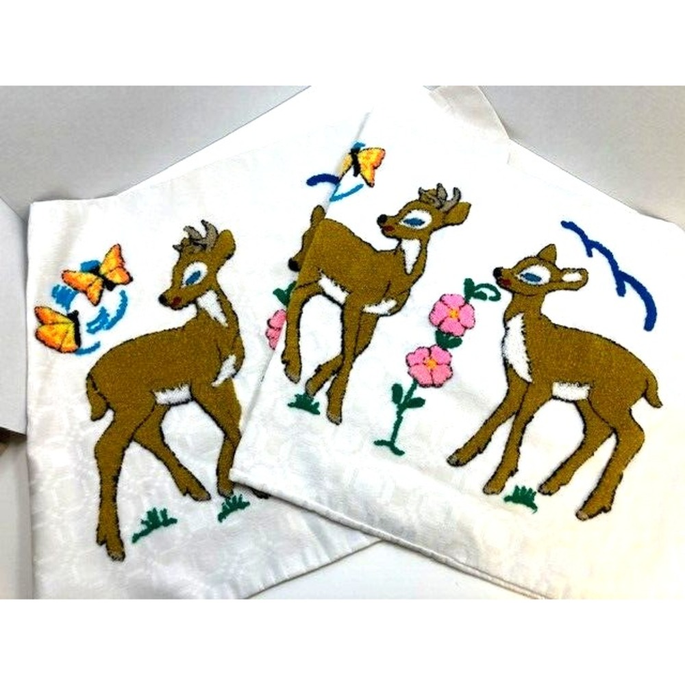 Set of 2 Vtg Pillow Cases w/Deer Butterfly with Flower Punch Stich‎ Handmade